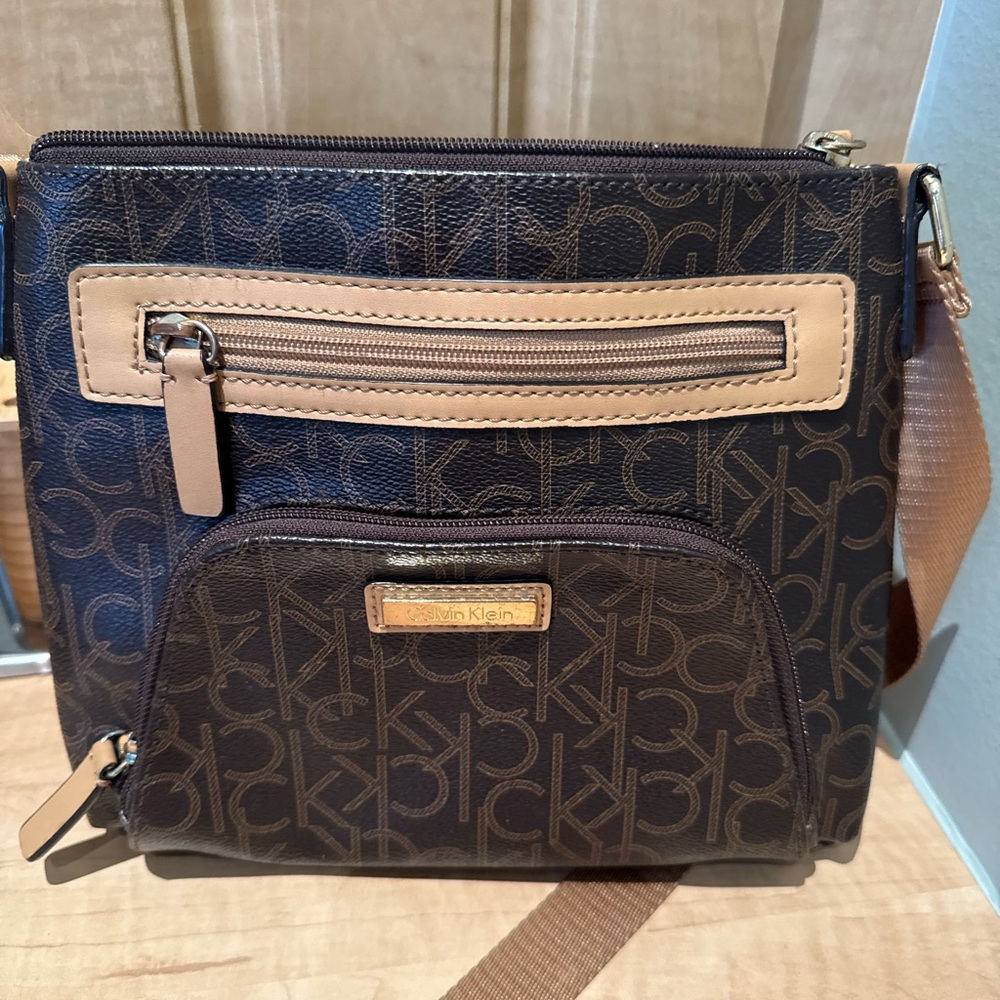 Calvin Klein Dark Brown and Beige Logo Crossbody